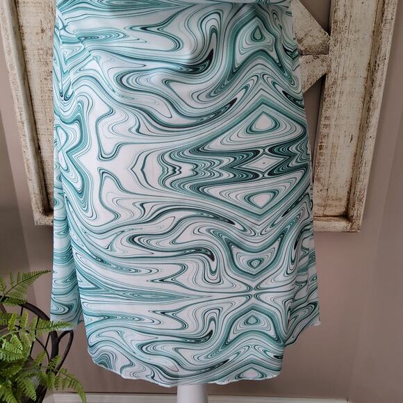 New Junior's Elodie Cowl Neck Sleeveless Tie Straps Mini Slip Dress Green Swirl - Picture 4 of 12